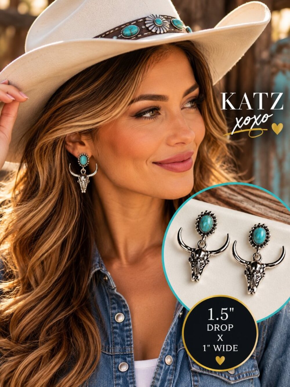 Turquoise Longhorn Skull Earrings Silver Boho Western Cowgirl Steer Bull Dangle
